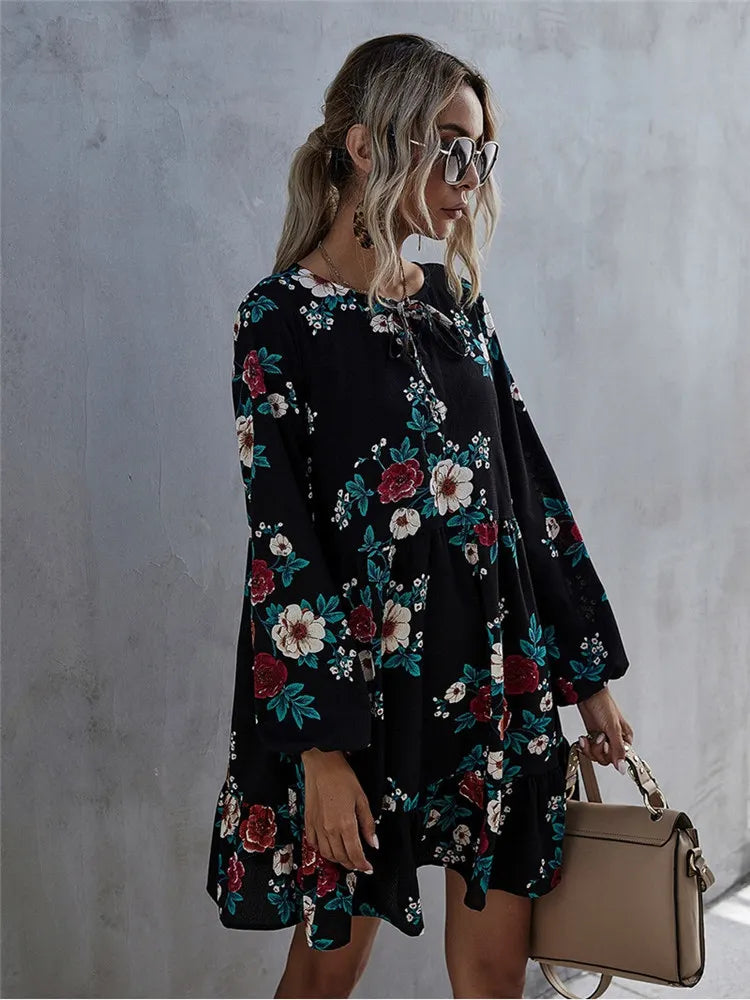 Ruffle Print Dress Women O-neck Full Sleeve High Waist Floral Dress Black