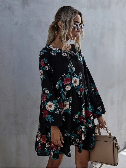 Ruffle Print Dress Women O-neck Full Sleeve High Waist Floral Dress Black
