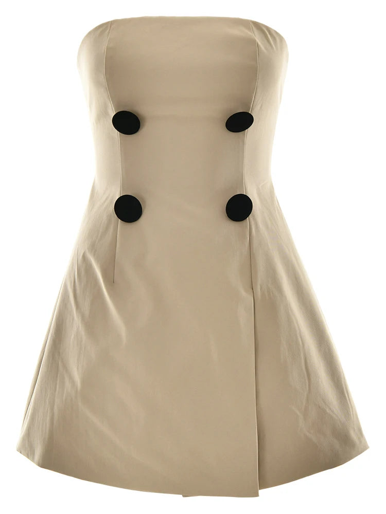 Strapless A-line Button Women Dress Khaki Sleeveless High Waisted Dress