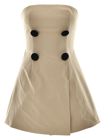 Strapless A-line Button Women Dress Khaki Sleeveless High Waisted Dress
