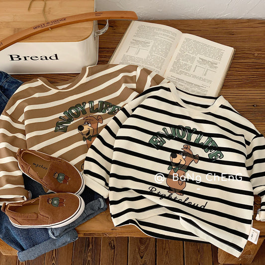 Girls & Boys Cute Cartoon Stripe Long Sleeve Cotton T-shirts Kids Casual Tee 2-8 Years