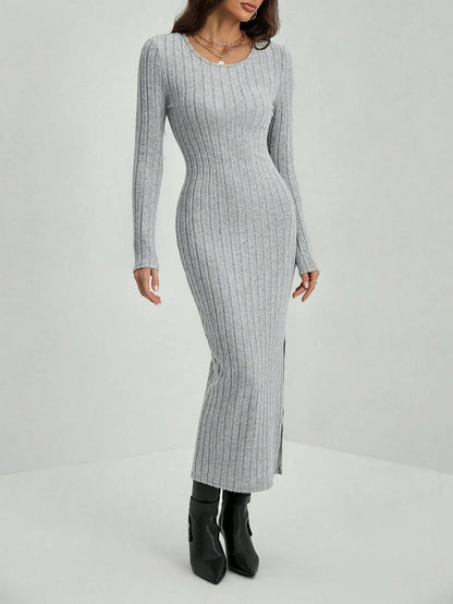 Women's Knitted Stripe Split U Neck Elastic Bodycon Full Length Casual Maxi Long Dresses