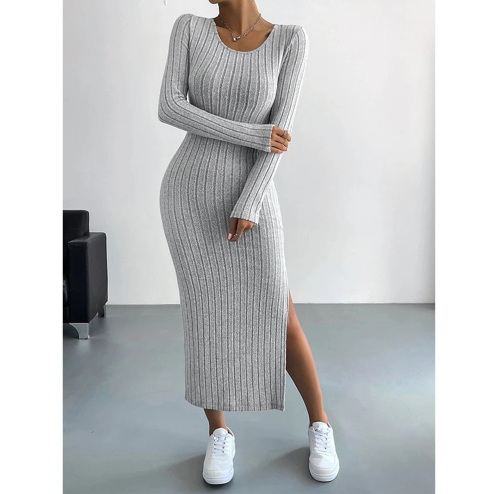 Women's Knitted Stripe Split U Neck Elastic Bodycon Full Length Casual Maxi Long Dresses