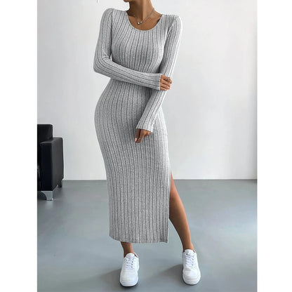 Women's Knitted Stripe Split U Neck Elastic Bodycon Full Length Casual Maxi Long Dresses