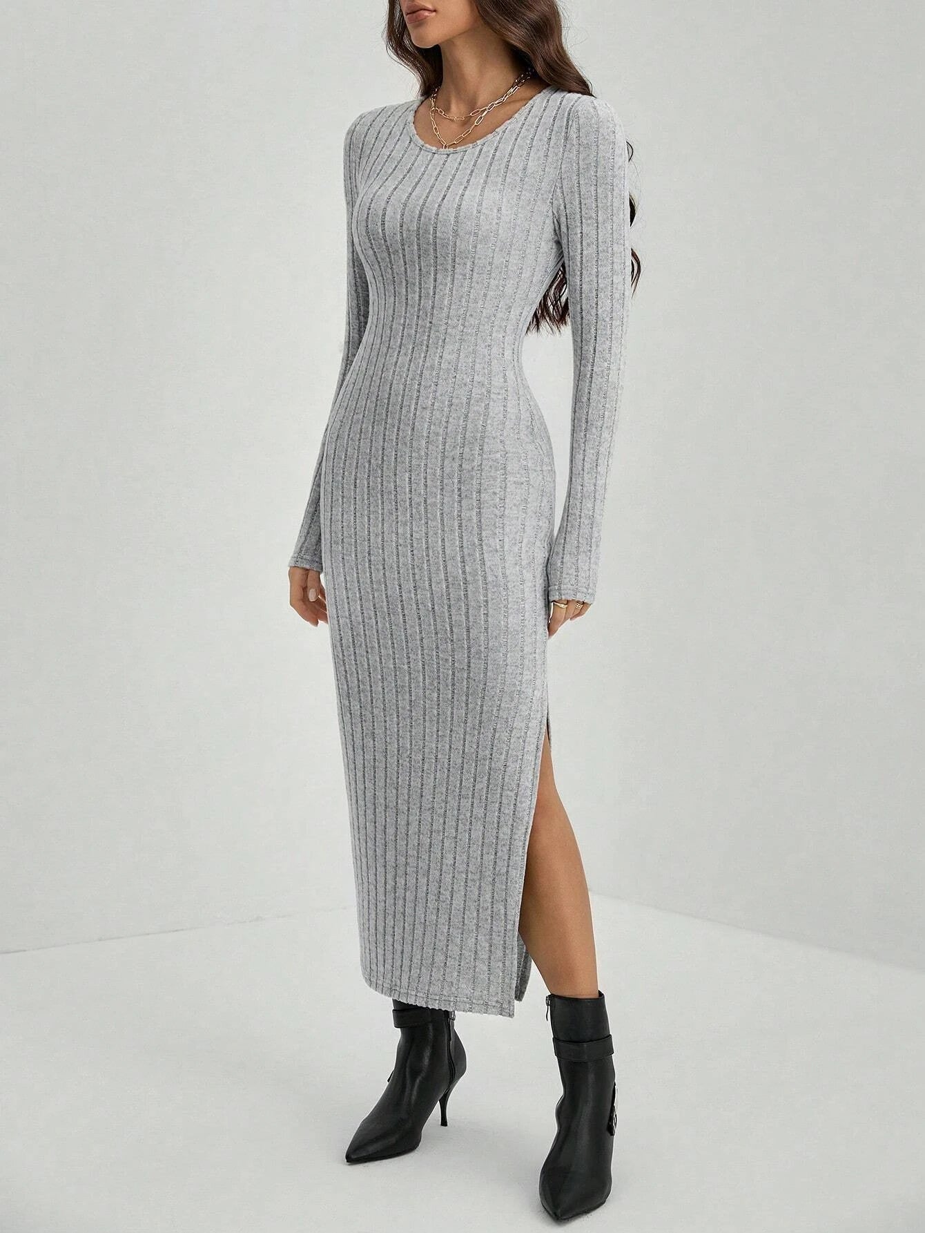 Women's Knitted Stripe Split U Neck Elastic Bodycon Full Length Casual Maxi Long Dresses