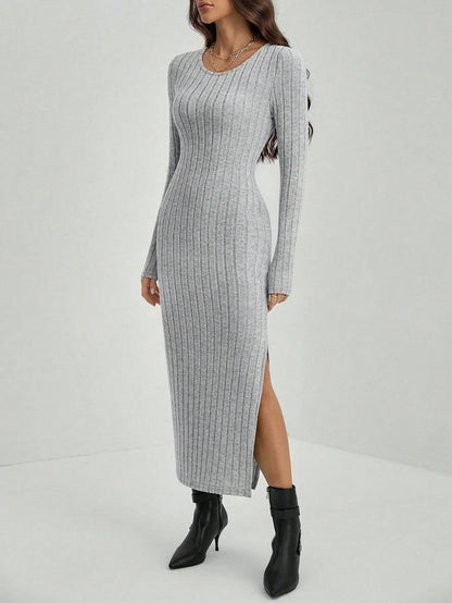 Women's Knitted Stripe Split U Neck Elastic Bodycon Full Length Casual Maxi Long Dresses