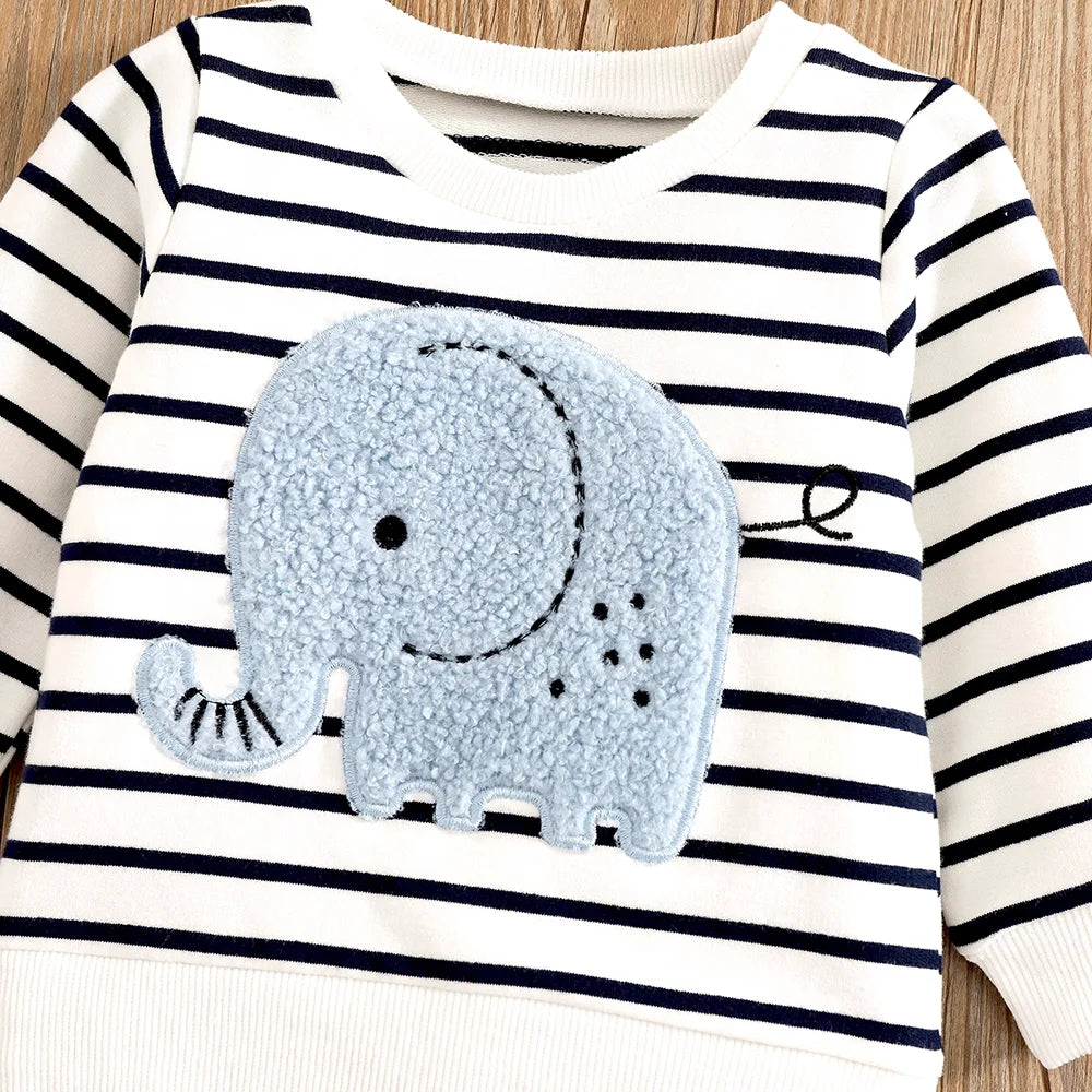 New Boy Girl And Toddler Elephant Stripe Top Casual Cute Print Jeans Set