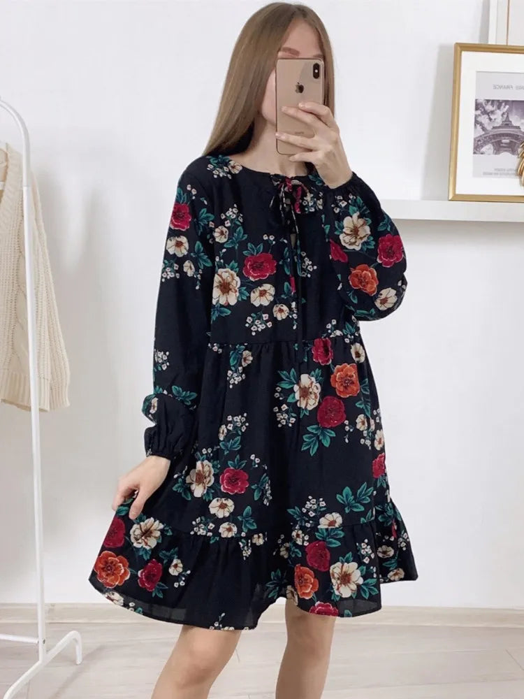 Ruffle Print Dress Women O-neck Full Sleeve High Waist Floral Dress Black