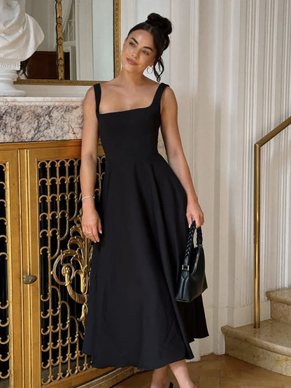 Square Collar Maxi Dress Spaghetti Strap High Waist