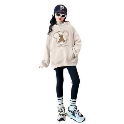 girls sweatshirt bear t-shirt hooded + stretch pants leggings