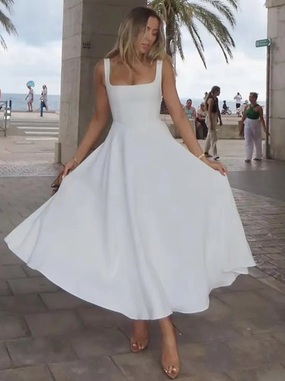 Square Collar Maxi Dress Spaghetti Strap High Waist