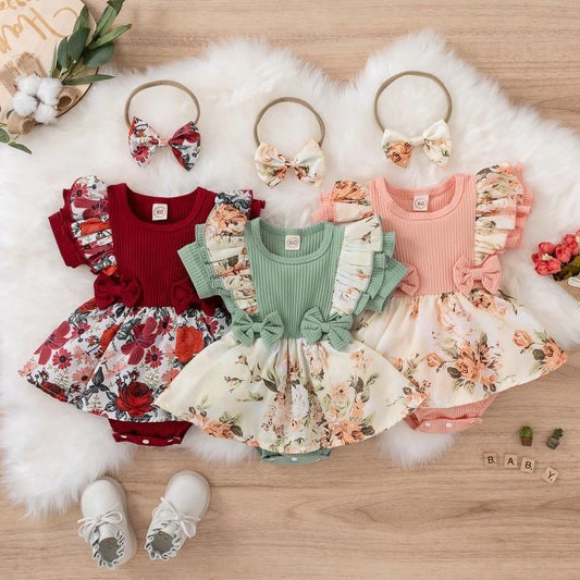 Baby Girl Dress With Bowknot Striped Jumpsuit Cotton Dress For Newborn Floral Clothes Baby Crawling Clothes