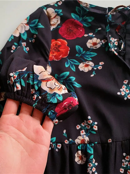 Ruffle Print Dress Women O-neck Full Sleeve High Waist Floral Dress Black