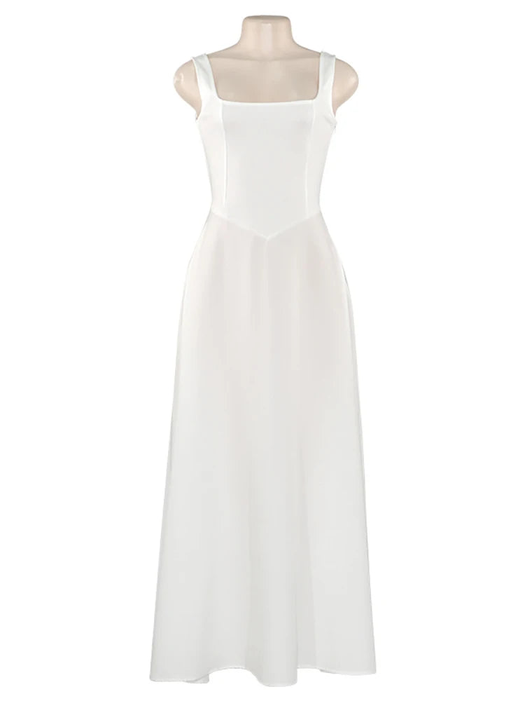 Square Collar Maxi Dress Spaghetti Strap High Waist