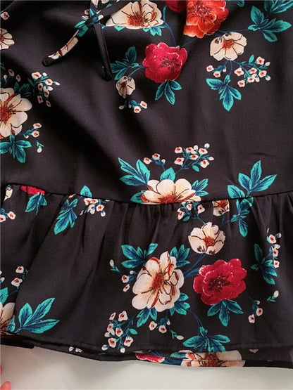 Ruffle Print Dress Women O-neck Full Sleeve High Waist Floral Dress Black