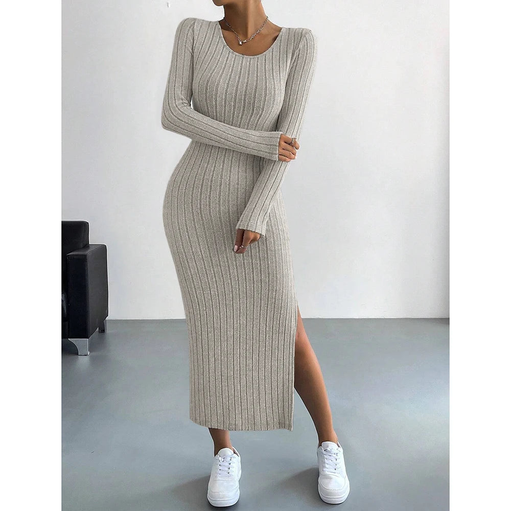 Women's Knitted Stripe Split U Neck Elastic Bodycon Full Length Casual Maxi Long Dresses