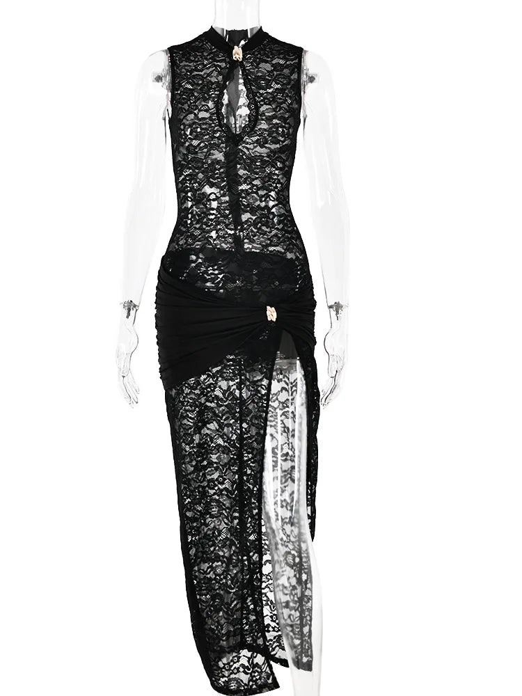 Hollow Out High Slit Lace Women Maxi Dress