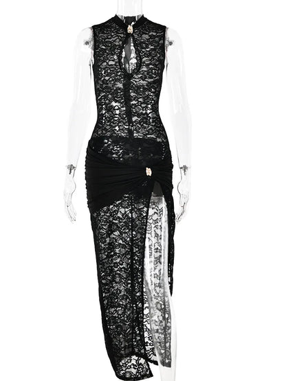 Hollow Out High Slit Lace Women Maxi Dress
