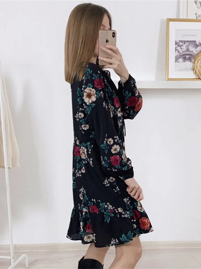 Ruffle Print Dress Women O-neck Full Sleeve High Waist Floral Dress Black
