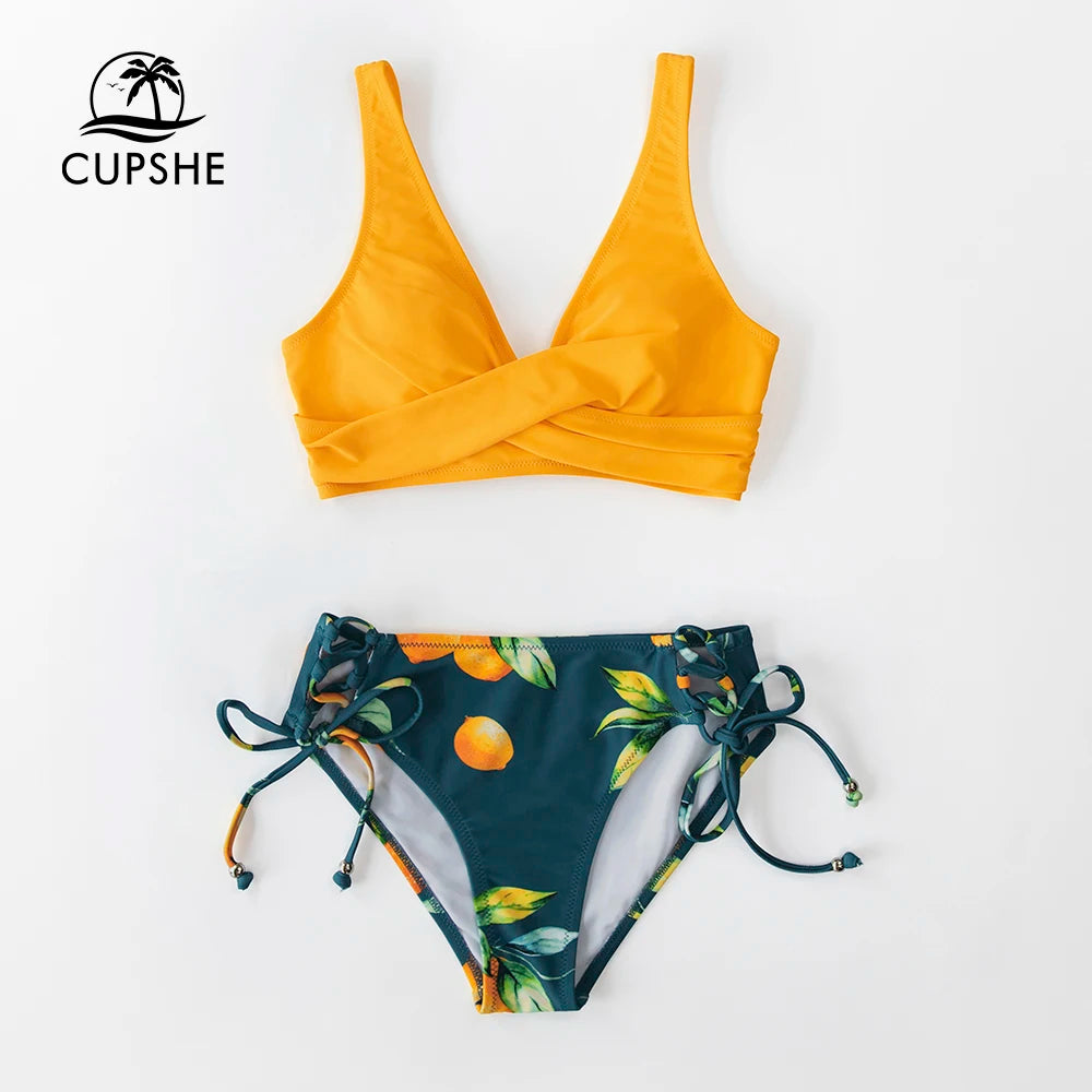 CUPSHE Yellow And Lemon Print Mid-Waist Bikini Sets