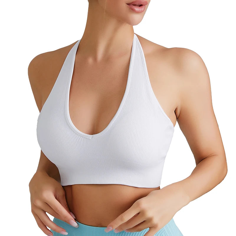 Solid Halter Backless Sport Bra