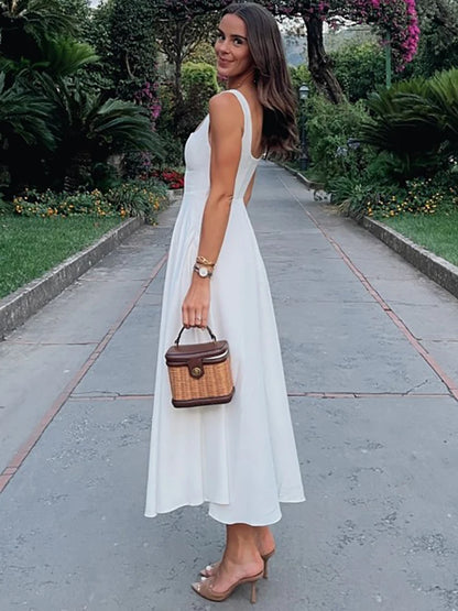 Square Collar Maxi Dress Spaghetti Strap High Waist