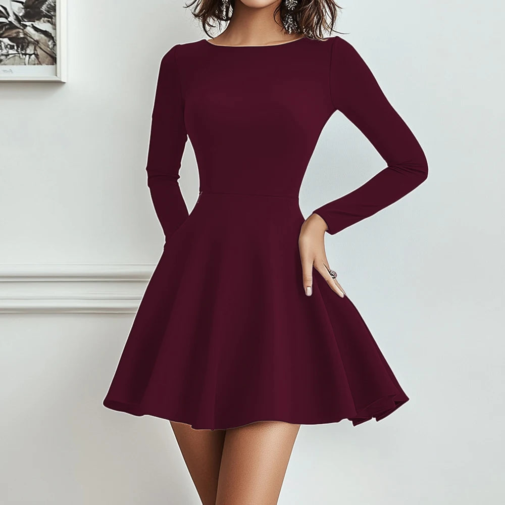 All Season Black Long Sleeve Round-Neck Mini Casual Dresses