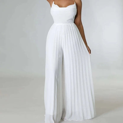 Summer Solid Pleated Wide Leg Jumpsuit