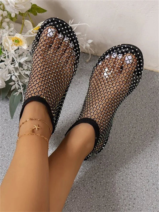 Round Toe Sandals With Hollowed Out Diamond Studded Short Boots