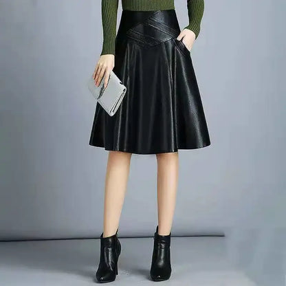 PU Leather Knee-Length Skirt