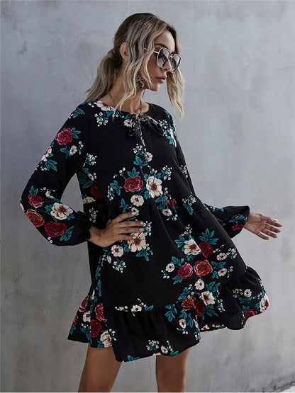 Ruffle Print Dress Women O-neck Full Sleeve High Waist Floral Dress Black