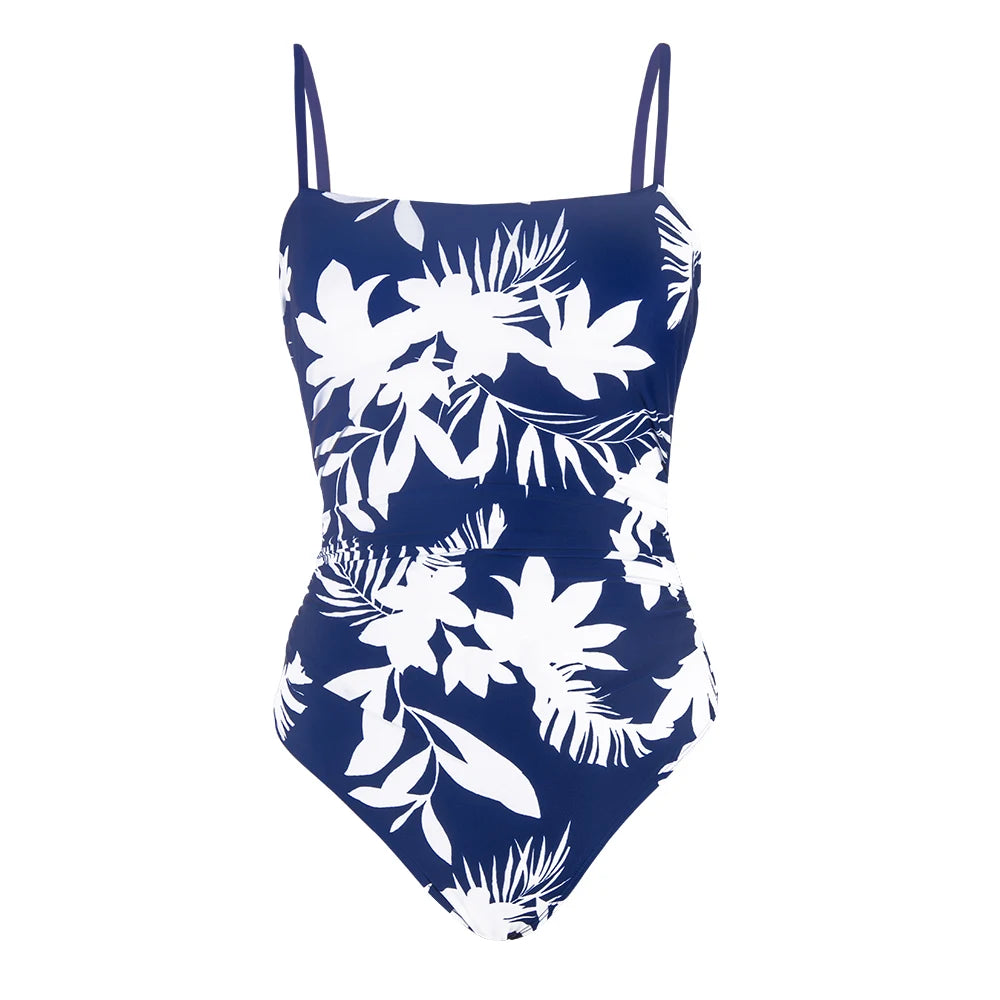 Leaf Print Square Neck One-Piece Swimsuit