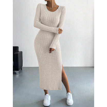 Women's Knitted Stripe Split U Neck Elastic Bodycon Full Length Casual Maxi Long Dresses