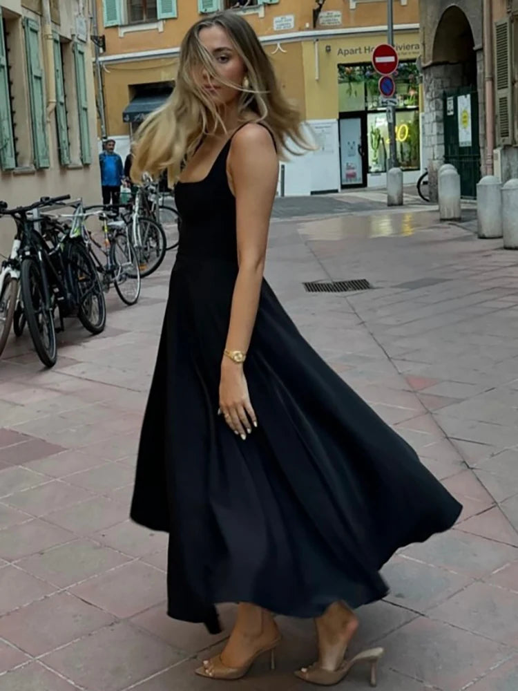 Square Collar Maxi Dress Spaghetti Strap High Waist