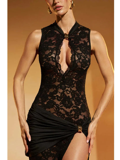 Hollow Out High Slit Lace Women Maxi Dress