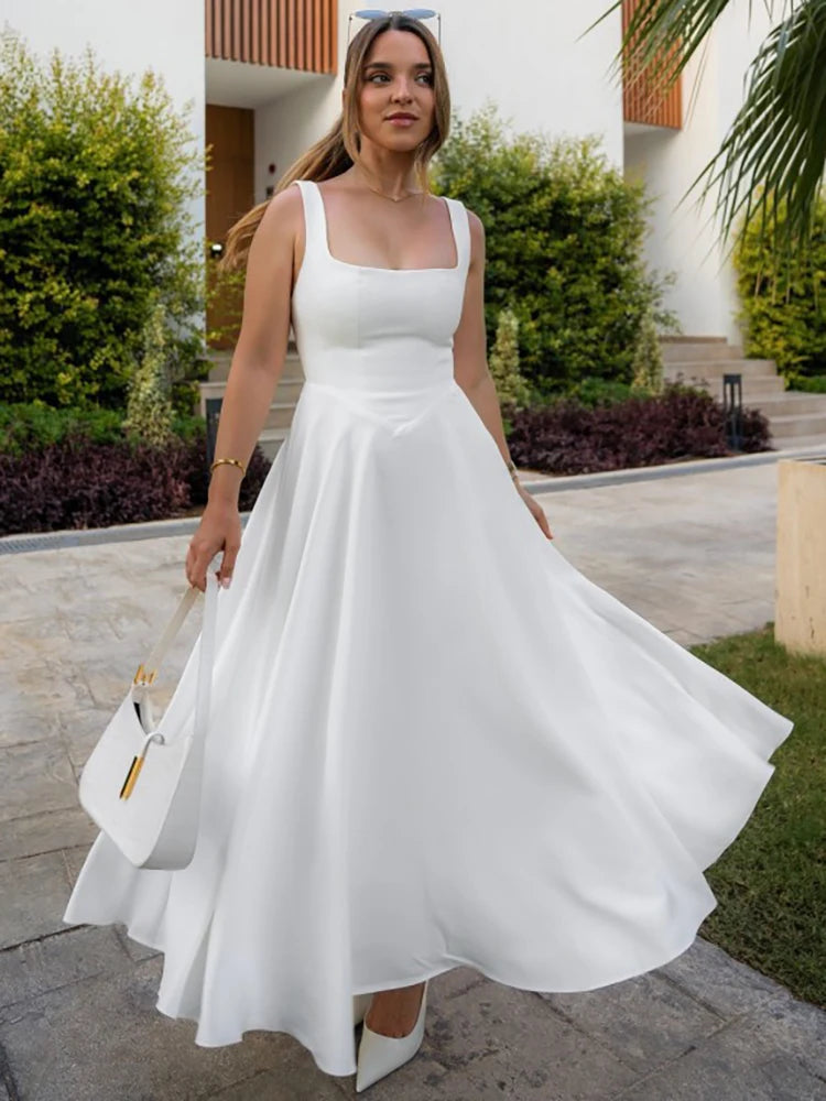 Square Collar Maxi Dress Spaghetti Strap High Waist