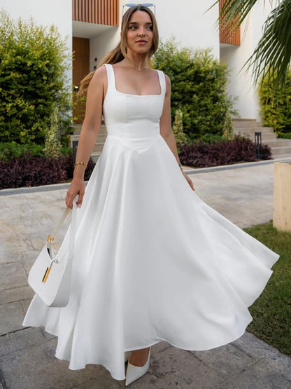 Square Collar Maxi Dress Spaghetti Strap High Waist