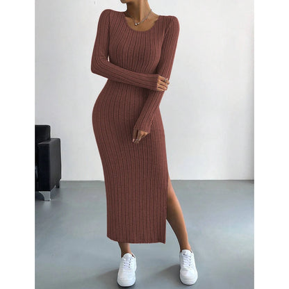 Women's Knitted Stripe Split U Neck Elastic Bodycon Full Length Casual Maxi Long Dresses